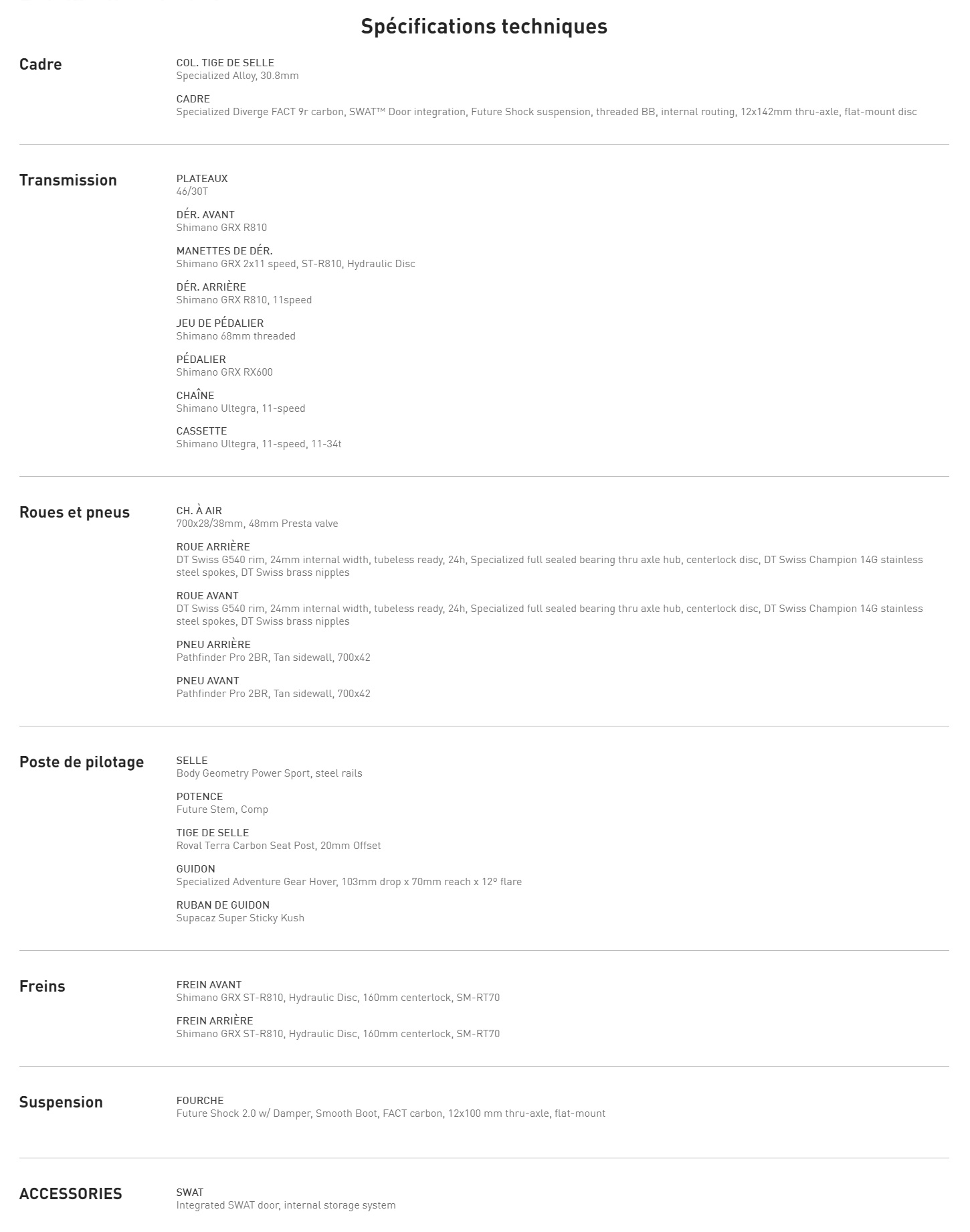 Characteristique technique du velo Diverge Comp Carbon année 2023